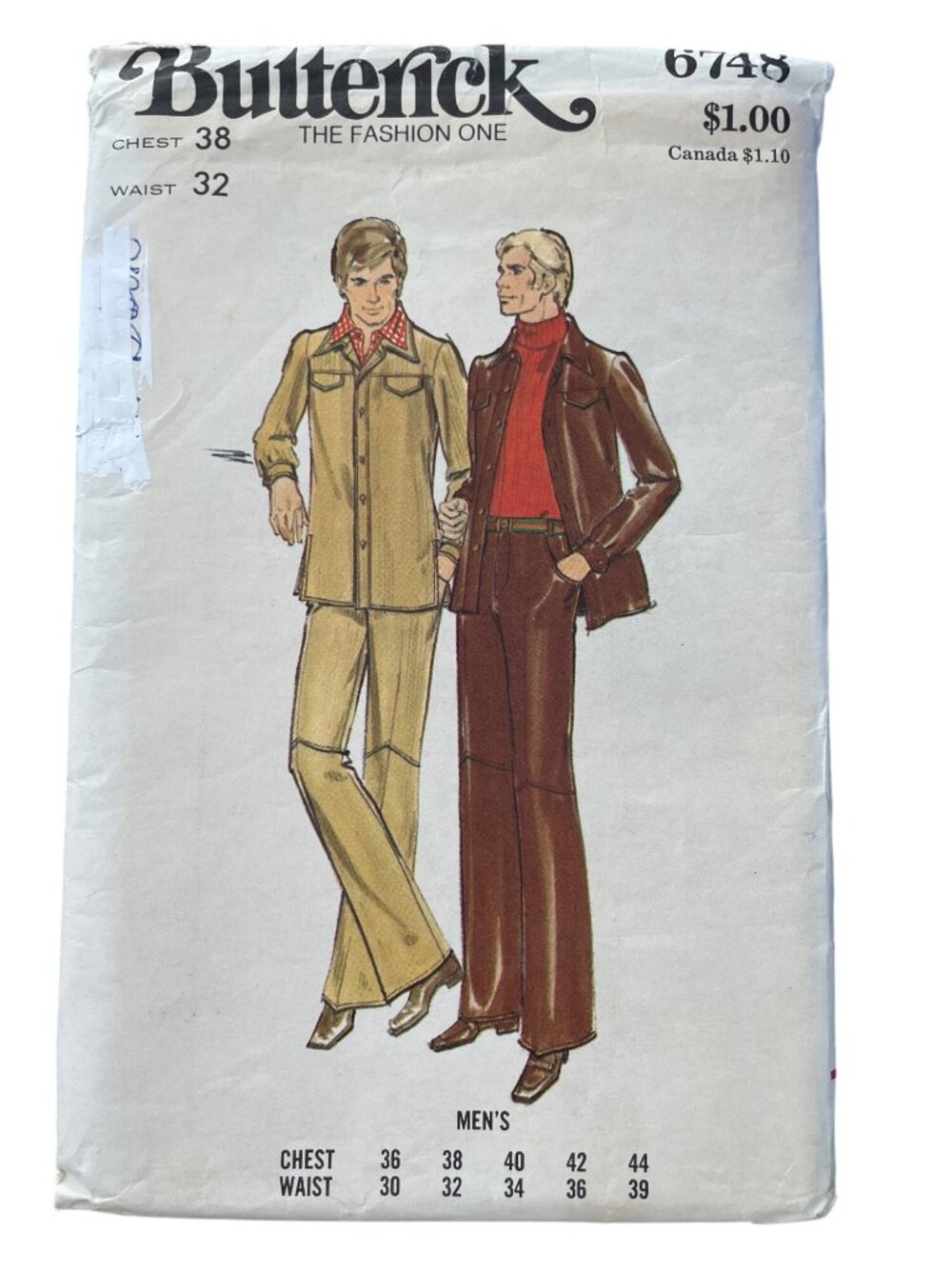 Vintage 70s Butterick 6748 Pattern Chest 38 Waist 32 Men Shirt Jacket Pants CUT